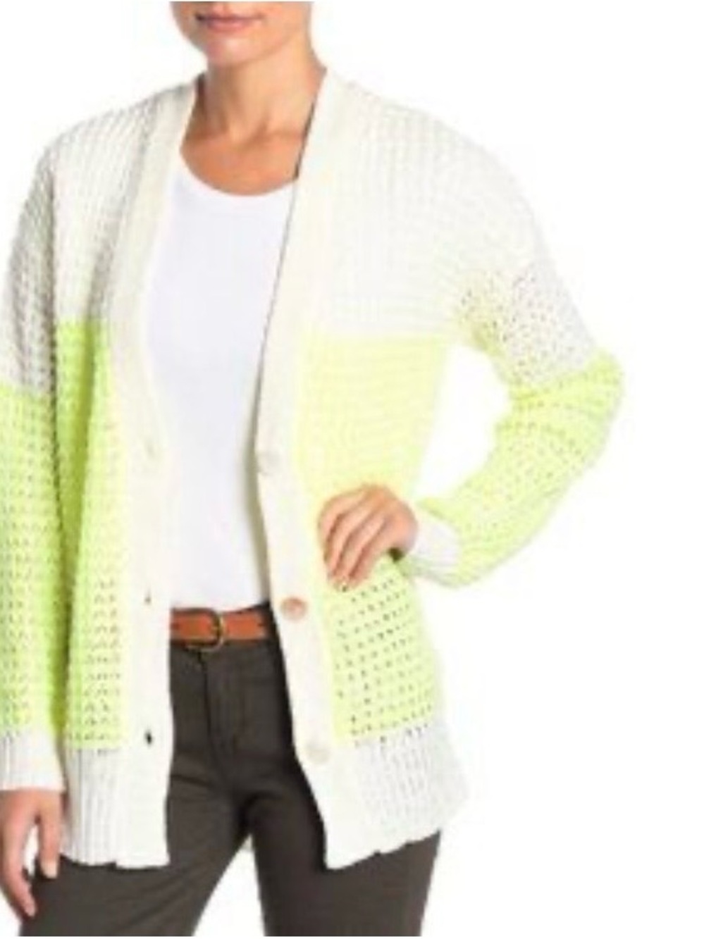 Lush White and Neon Yellow Open-Weave Button Front Cardigan